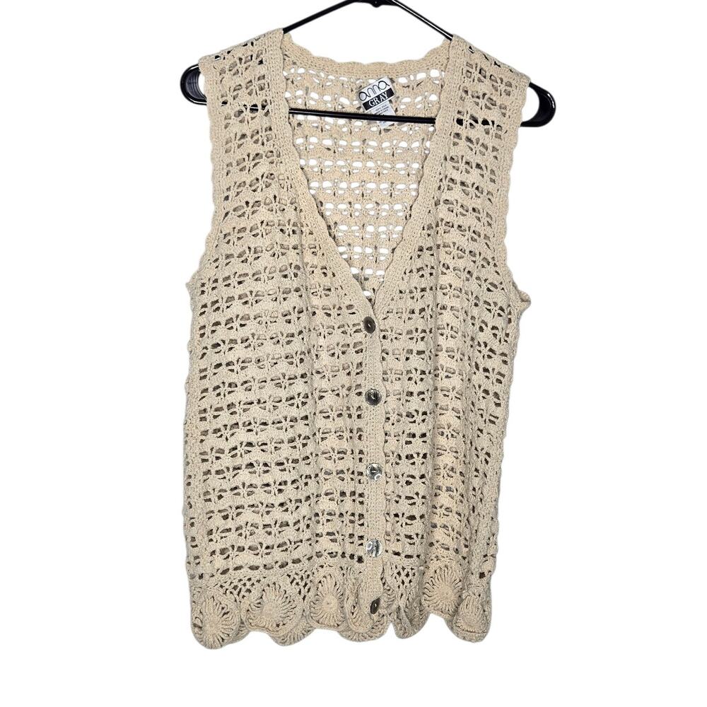 Anna Gray Beige Vintage Silk Crochet Button Front Vest Women's Large